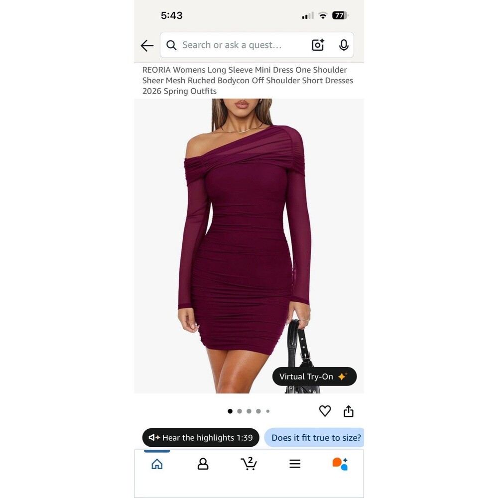 New Women’s REORIA Long Sleeve Mini Dress One Shoulder Size Small